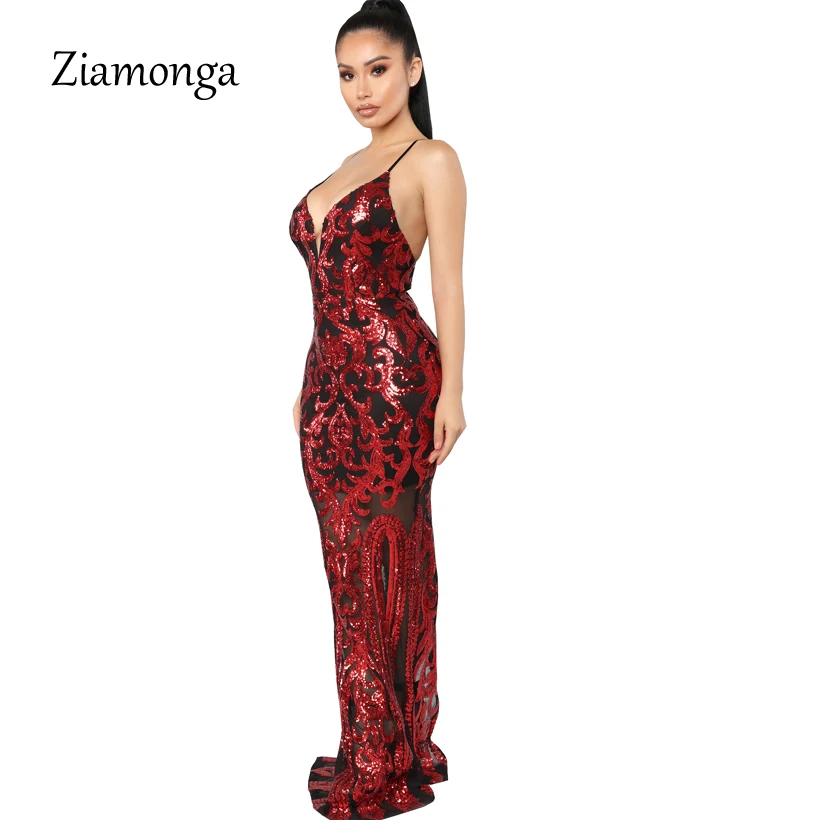 Ziamonga блёстки для женщин без рукавов Длинные элегантные платье Макси спинки Русалка Vestidos Вечеринка блестящие платья дл
