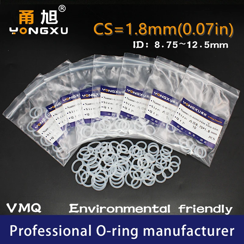 

10PCS/lot Silicon O-ring Silicone/VMQ 1.8mm Thickness ID8.75/9/9.5/10/10.6/11.2/11.8/12.5mm O Ring Seal Rubber Gasket Rings