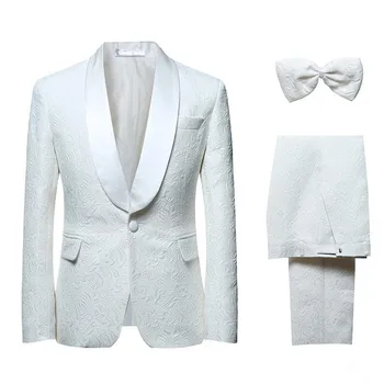 

2018 New Custom made White Printed Lace Wedding Suits Tuxedos Formal Suits Business Wears Groomsman suits (Jacket+Pants+Tie)
