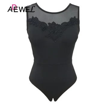 

ADEWEL Sheer Mesh Lace Women Bodysuit Sleeveless Black Summer 2019 Casual Skinny Backless Bodysuits Sexy Club Body Top Clothes