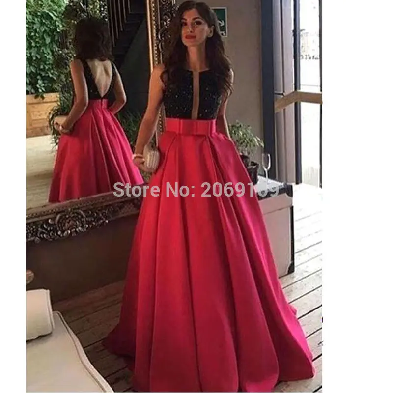 

2019 Newest Scoop Black-Red Satin Evening Dresses Sleeveless With Sashes Open Back Sequins Long Prom Evening Dresses Custom Made
