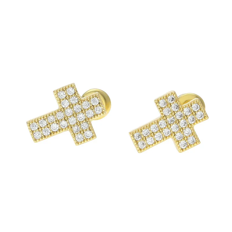 Hip Hop Mens Earrings Gold Filled Zirconia Religious Classic Crucifix