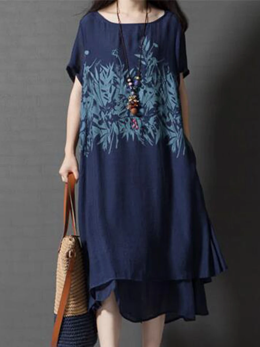 casual midi round neck printed shift dress casual midi round neck printed shift dress