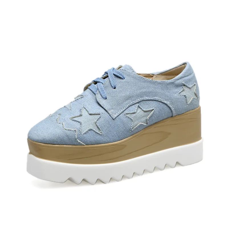 

2018 New Thick-soled platform shoes Star pattern Square head wedge shoes Denim material single shoes.