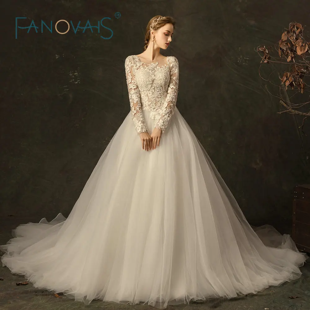 

2019 Long Sleeve Lace Wedding Dress Bridal Gown Princess Vestido De Noiva Women White Lace Gown Plus Size Robe De Mariage