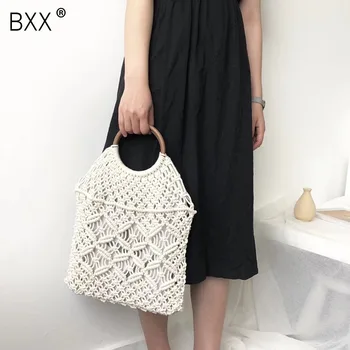 

[BXX] Popula Cotton Rope Hollow Straw Bag Sheer Macrame Tote Wooden Ring Rattan Handle Net Bag Vintage Retro Chic Handbag HE822