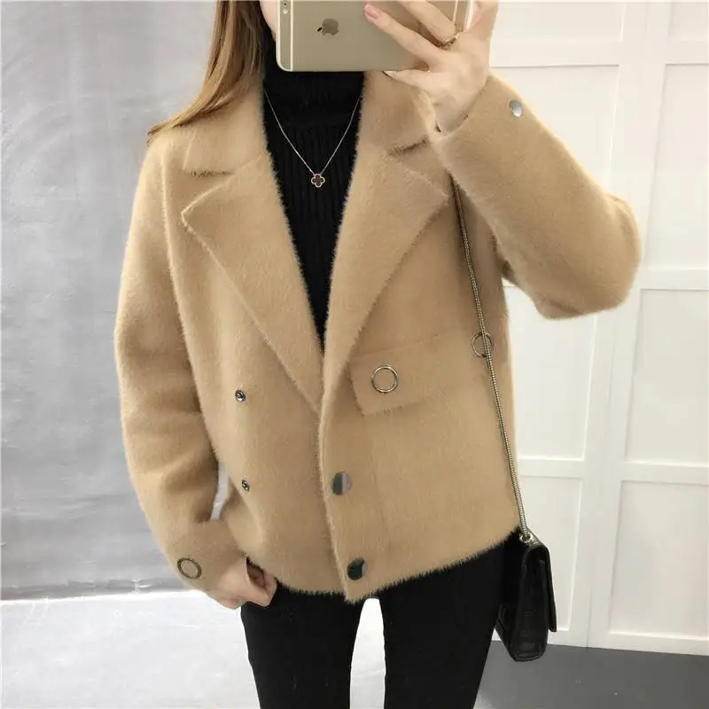 ^Cheap 2019 New Autumn Women Korean Style Faux Mink Knitted Cardigan Sweater Jacket Female Turn-down Collar Tricot Loose Coat Tops K118