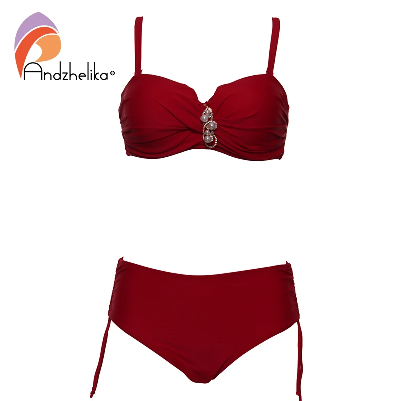 Günstige Andzhelika Plus Größe Bademode Bandeau Bikini 2019 Sexy Solide Diamant Hohe Taille Bikini Set badeanzug Schwimmen Badeanzüge AK8091