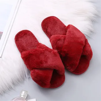 

Women Home Slippers Winter Warm Shoes Woman Slip on Flats Slides Female Faux Fur Slippers 36-41 wholesale A219