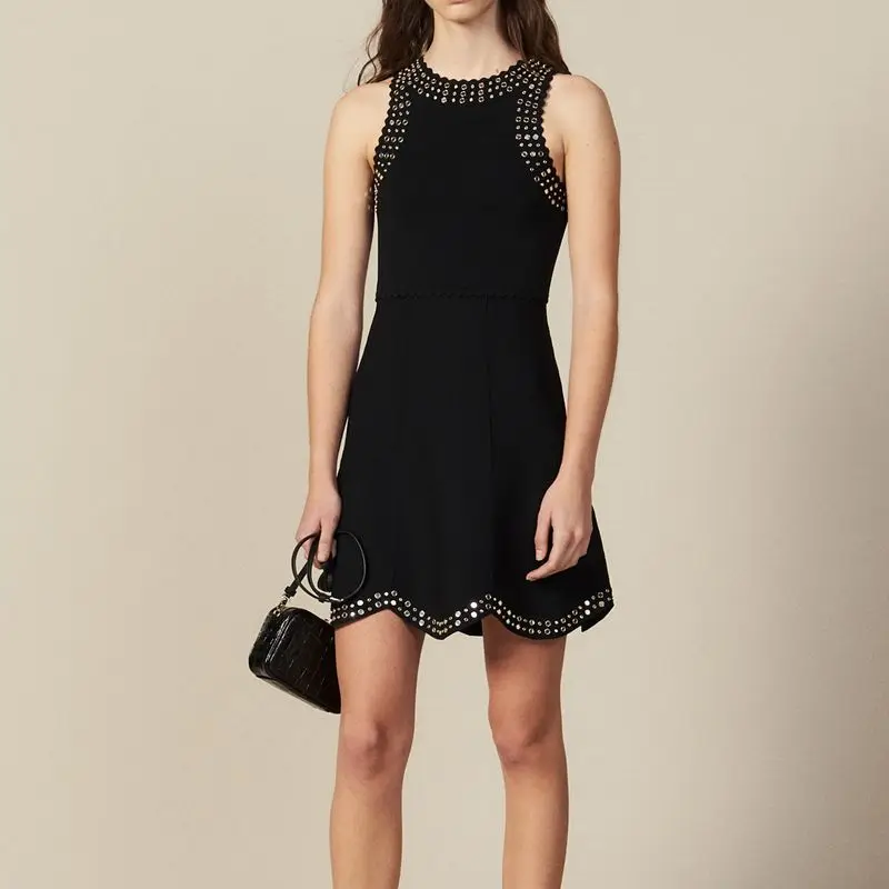 

2019 Summer Black Runway Knitted Dress Sleeveless Rivet Short Dresses