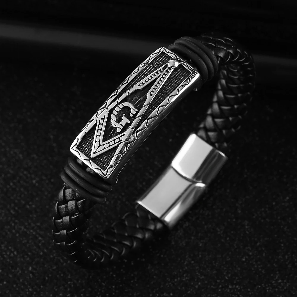

Fashion Freemasonry G Stainless Steel Punk Bracelets Men Male Sport Cool Street Boy Leather Rope Chain Bangle