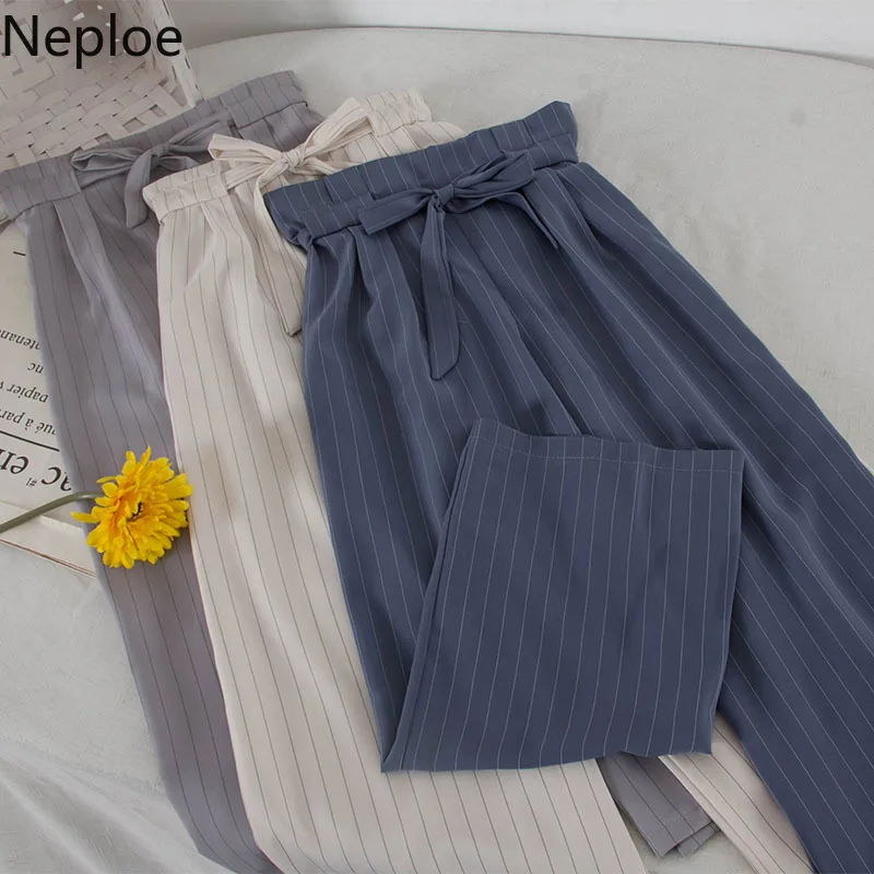Neploe Women Striped Palazzo Wide Leg Pants Loose High Waist Lace Up Trousers Lady Classic All-match Ankle-length Fashion Pants
