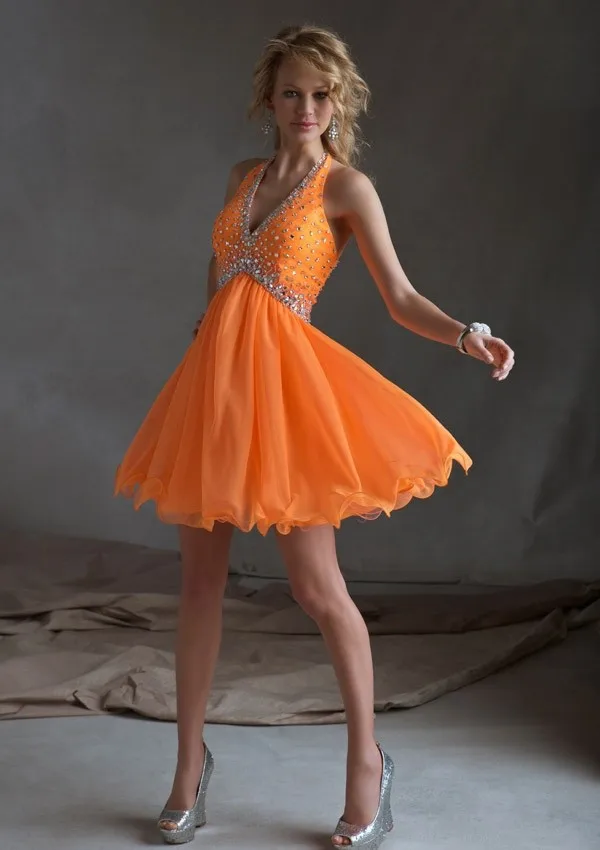 V Neck Dress Graduation Chiffon With Beading Zipper Back Neon Orange
