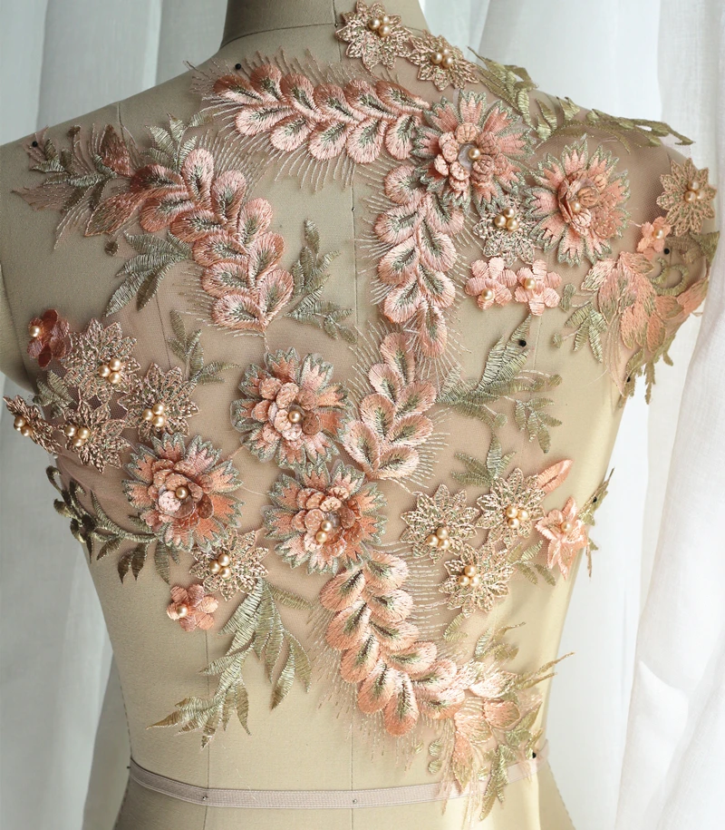 3D Champagne flower beaded embroidered patch applique for wedding
