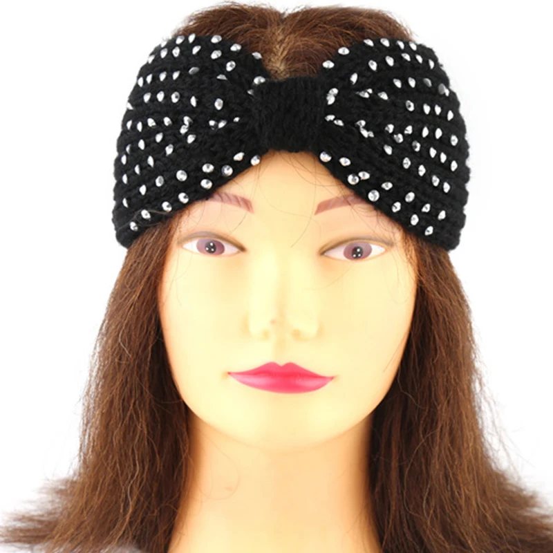 1pc Polyester Knitted Yarn Women Warm Headband Gypsophila Diamond stone