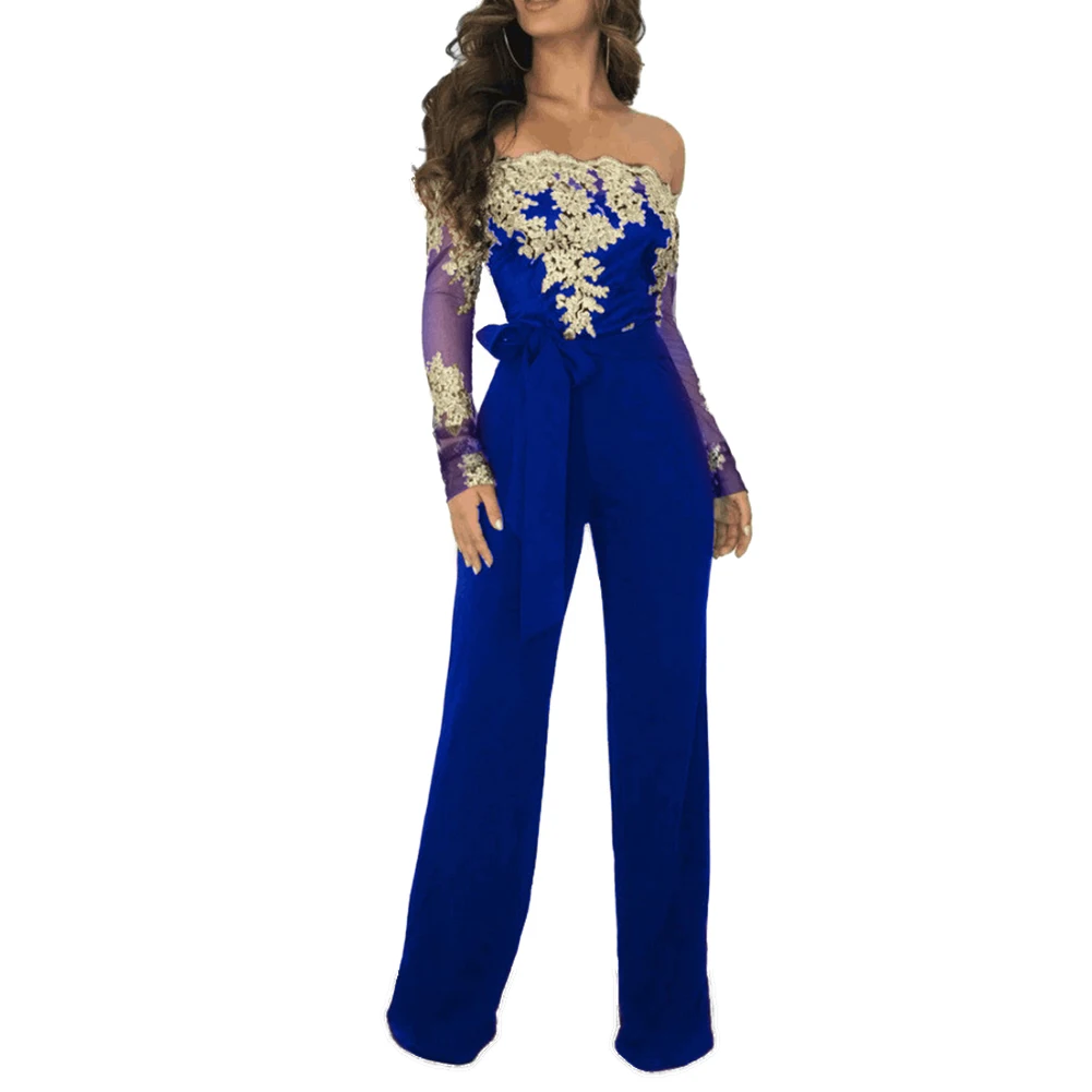 Новые модные кружевные с открытыми плечами с длинным рукавом широкие Коктейльные Вечерние женские комбинезоны - Цвет: Blue Gold