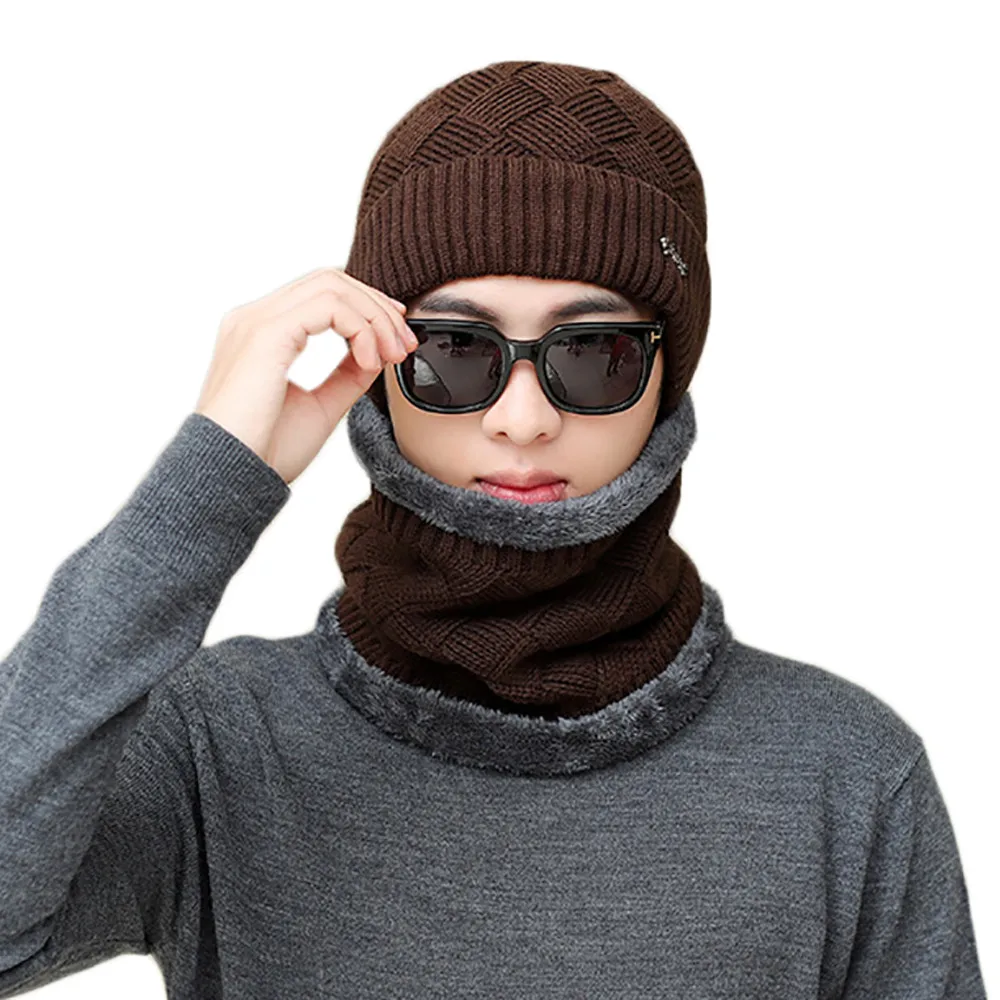 2 шт. Для мужчин Для женщин зима теплая вязаная шапка+ шарф Утепленная одежда комплект бархатные теплые трикотажные рукава шапка+ шеи комплект из двух предметов модные