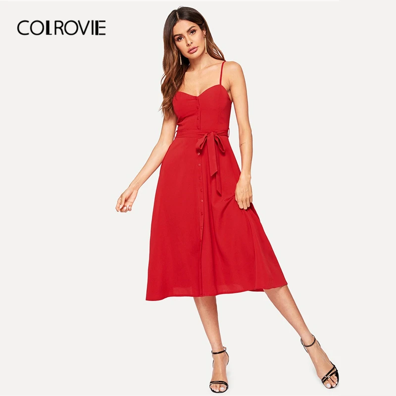 

COLROVIE Red Button Front Solid Belted Slip Dress Women 2019 Summer Sexy Spaghetti Strap Sleeveless Boho Fit And Flare Dresses