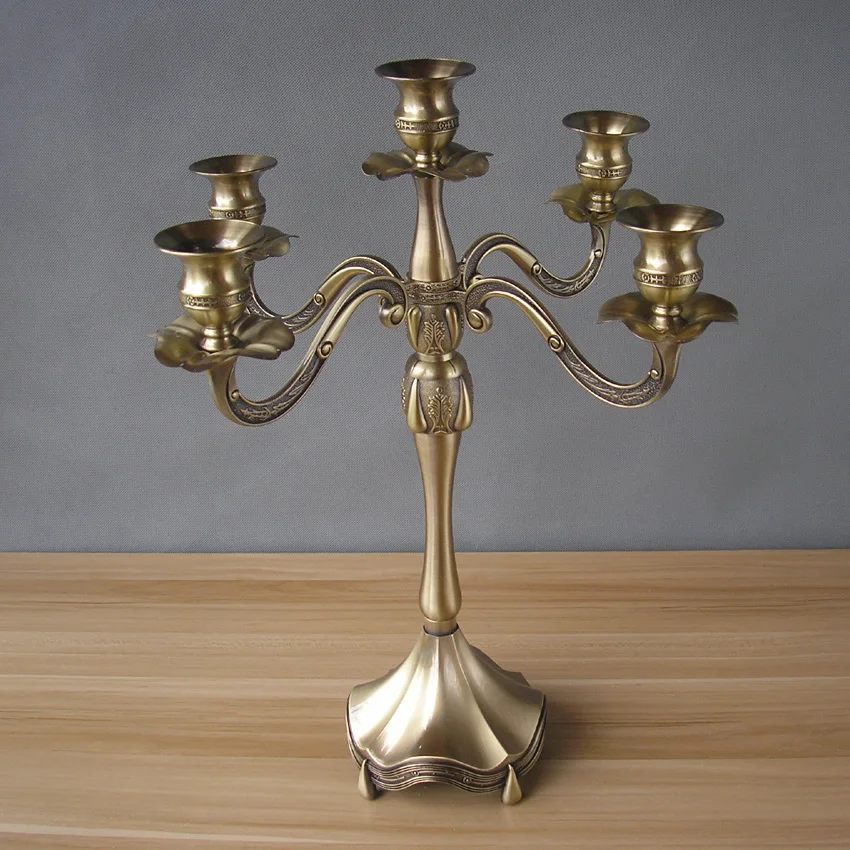 43cm antique bronze plated metal embossed 5 branch centerpiece