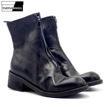 Роскошные мужские ботинки из натуральной кожи; зимние винтажные военные ботинки с круглым носком на молнии; классические черные ковбойские ботинки в стиле панк; botas hombre