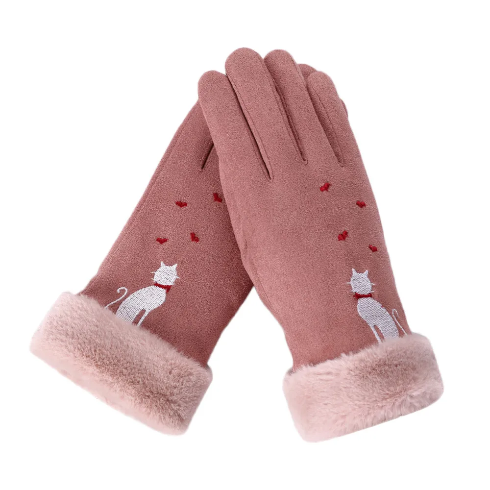 Pink Модные женские перчатки, зимние перчатки с котом и сердечком, перчатки с вышивкой, сохраняющие тепло, зимние женские шапки, женские перчатки - Цвет: Pink