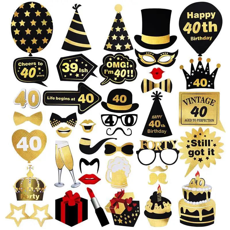 

42 Pcs Glitter Photo Booth Props Kit For 40th Birthday Decoration Moustache Red Lips Bow Ties Eyeglasses Funny Images Pose Sign