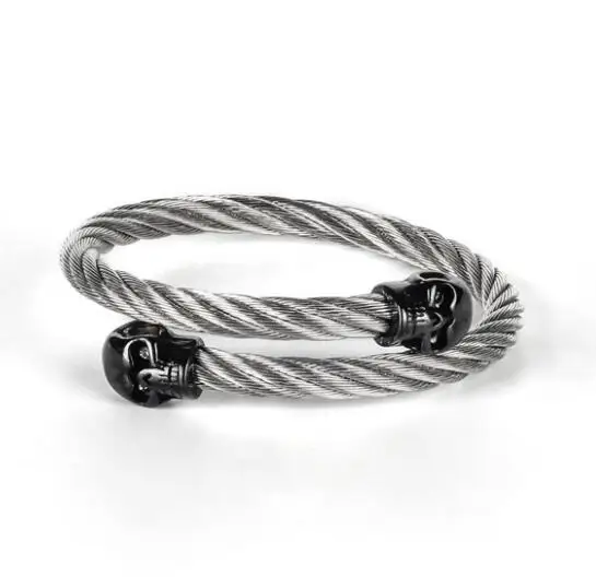 silver with black Стрейч мужские браслеты с черепами панк черный витой браслет манжета из нержавеющей стали двойной скелет голова с кристаллами браслет для мужчин - Окраска металла: silver with black