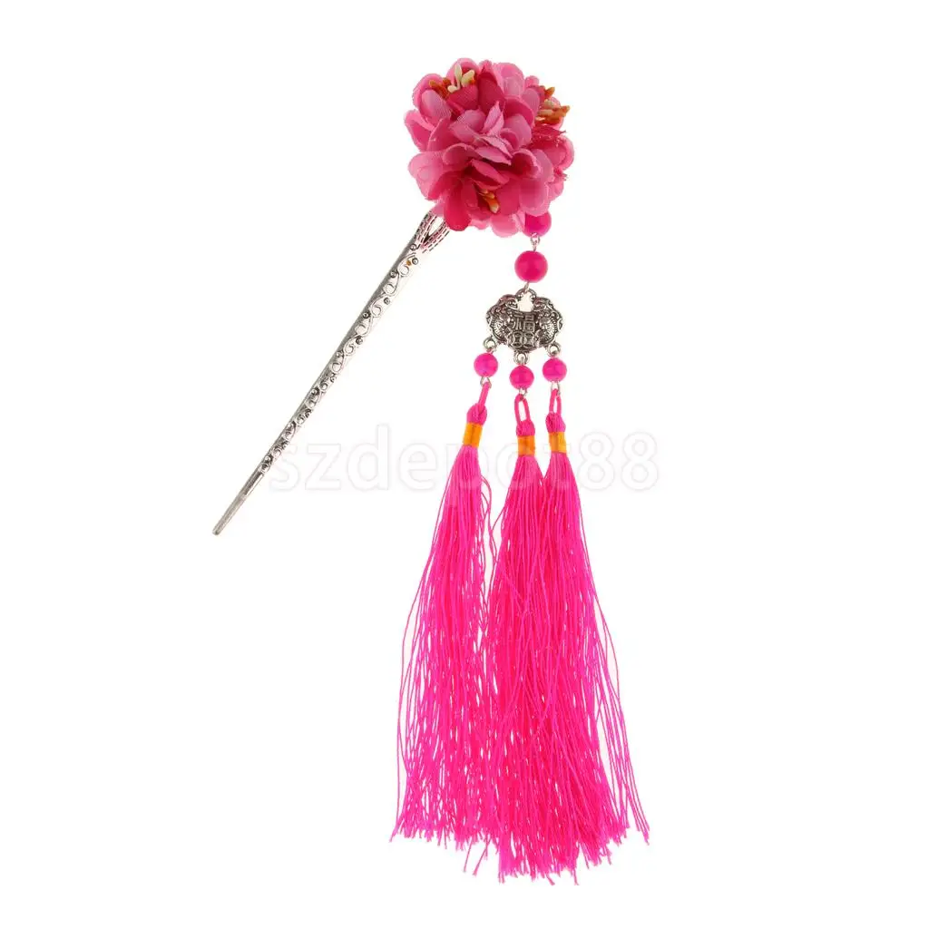 Заколка для волос с цветами Kanzashi Tassel Chignon Винтаж для кимоно Hanfu - Цвет: Rose Red