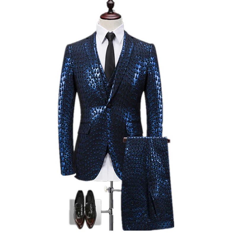 high quality men Suit Jacket + Vest + Pant Asia size S M L XL XXL XXXL Blue Gold mens Blazer coat with pants and Waistcoat