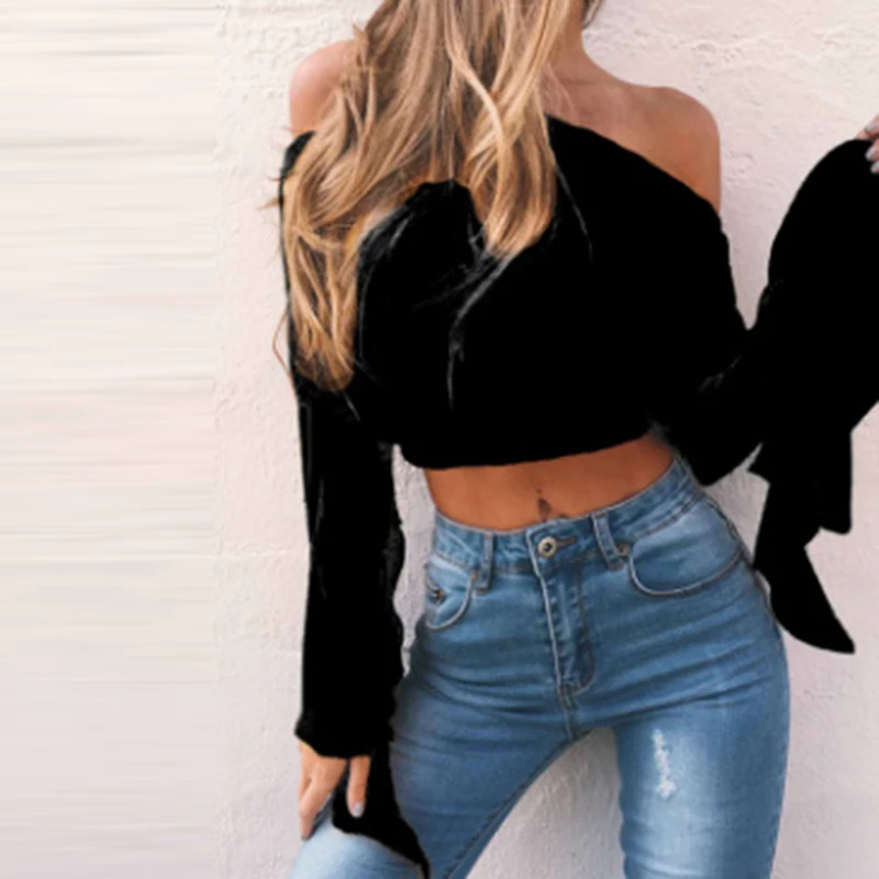 

Fashion Women Blouse Sexy spring Tops Casual Loose Beach Shirt Slash Neck Off The Shoulder Long Petal Sleeve Crop Tops