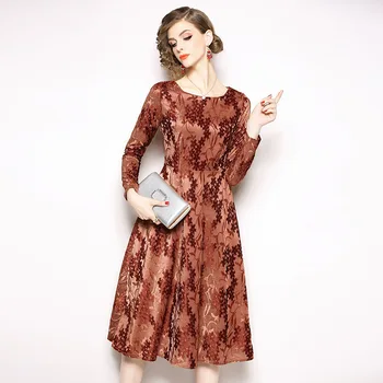 

Graceful Velvet Print O-Neck Long Sleeve Tunic Midi Dress Women's Vogue Vintage Office Party Fashion Beach Dress Clothing Lady