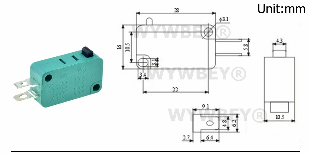 Микро-концевые выключатели 16A 250V 125V SPST 4,8 мм Ширина 2 шпильки нормально открытый 16 мм УФ-фильтр 52 мм с Arc Roller Lever сенсорный переключатель микропереключатель