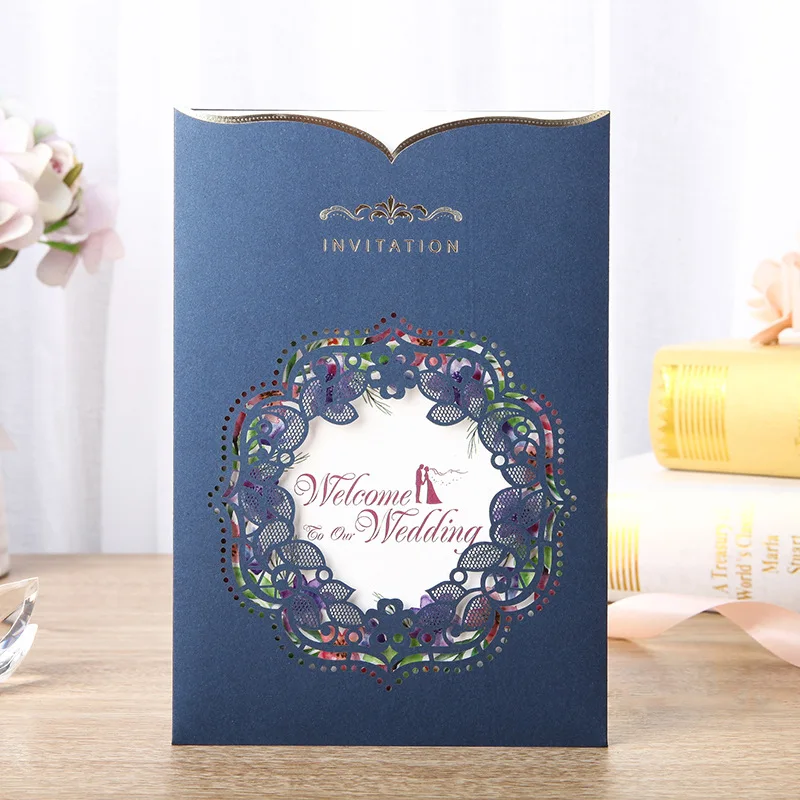 

NEW Blue Laser Cut Wedding Invitation Card 50pcs Luxury Elegant Lace Invitations Birthday Party Business Greeting Cards