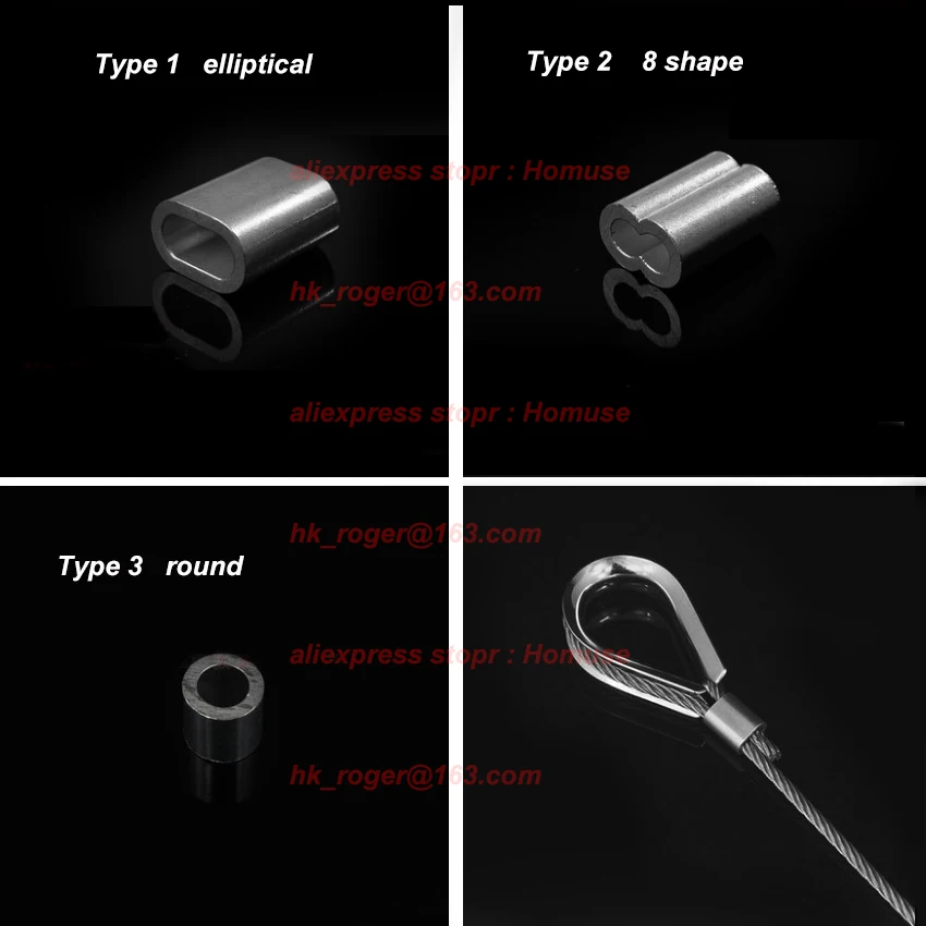 steel rope Ferrules Sleeves 0.5 0.8 1.2 1.5 2 2.5 3 4 mm rope dia round elliptical 8 shape hole