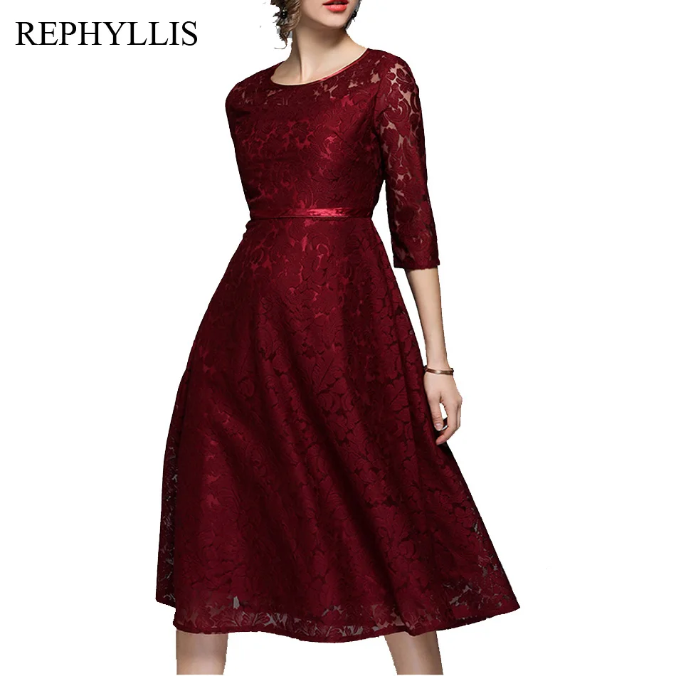 

REPHYLLIS Women Fashion Floral Lace O Neck 2/3 Sleeve Wedding Bridesmaid Prom Ceremony Dinner Party Banquet Elegant Dress
