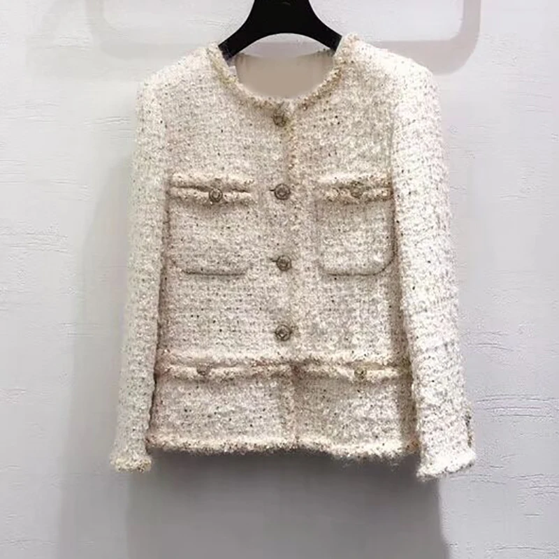 

2019 new women's autumn and winter jacket round neck long sleeve fashion pocket stitching high-end elegant jacket shirt