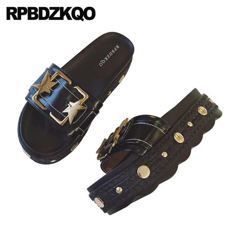

Designer Shoes Women Luxury 2018 Flatform Slip On Embellished Summer Sandals Flat Slides Open Toe Black Comfortable Platform