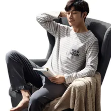 Осень-зима Теплая мужская пижама из хлопка теплая Мужская одежда для сна с длинными рукавами и круглым вырезом праздничные "плюс сайз" M-XXL Для мужчин пижамы Комплект одежды