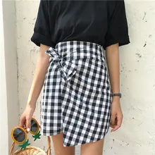 Настроить плюс размер Корейская версия нового уникального покроя хлопка черно-белой решетки высокой талии узел Половина Юбки