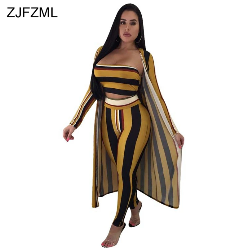 

ZJFZML 2018 Autumn 3 Piece Tracksuit For Women Long Sleeve Coat And Strapless Bandage Top And Tight Pant Striped Three Piece Set