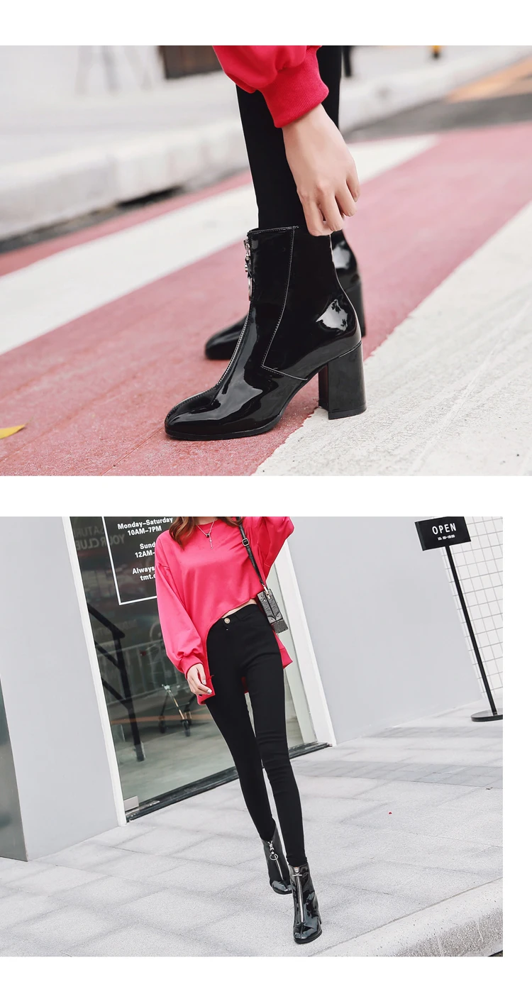 Роскошные Брендовые женские ботинки с металлическим кольцом спереди; женские ботильоны из лакированной кожи; ботинки на высоком каблуке; женская обувь с меховой подкладкой