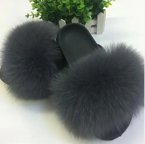 

2019 Fox Hair Slippers Women Fur Home Fluffy Sliders Plush Furry Summer Flats Sweet Ladies Shoes Size 45 Cute Pantufas