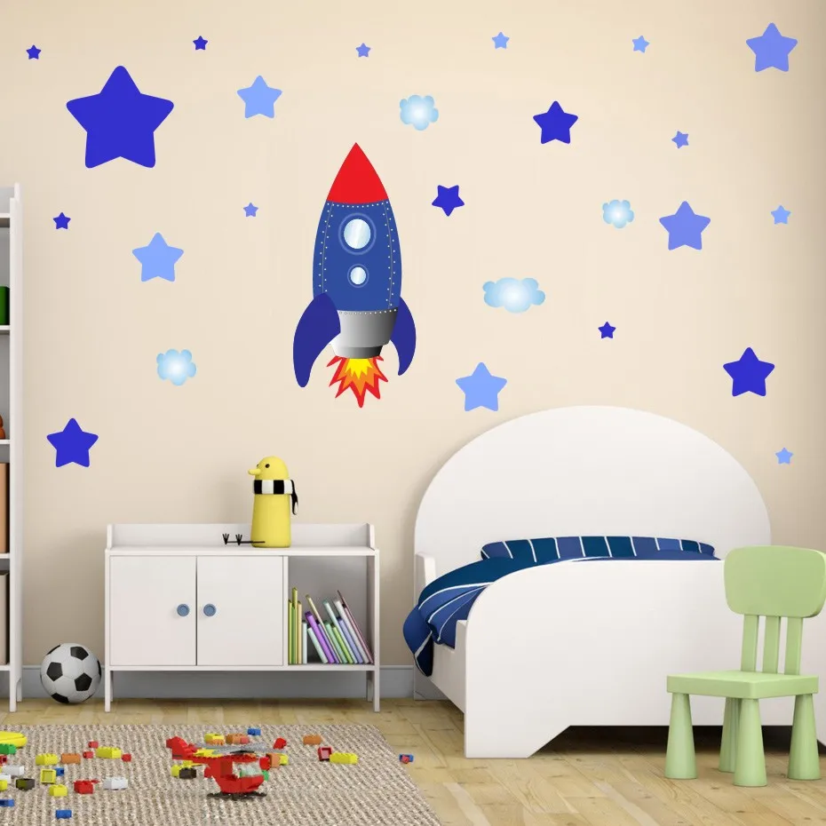 Launched Rocket Ship Space Wall Sticker Color Stars Decals For Boys