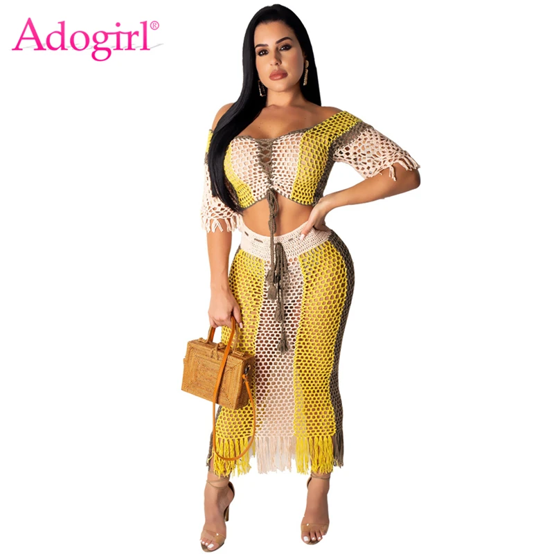 Цветное лоскутное ажурное платье Adogirl из двух частей пикантное повседневное