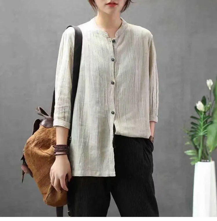 Cotton Linen Shirt Women Loose Full Sleeve Solid Color Casual Retro Cardigan Female Spring Tops And Blouses Camisas Mujer 2021 | Женская