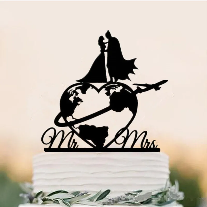 

Travelling Themed World Map Wedding Cake Topper Batman and bride Silhouette cake Topper Airplane Mr & Mrs Cake Toppers