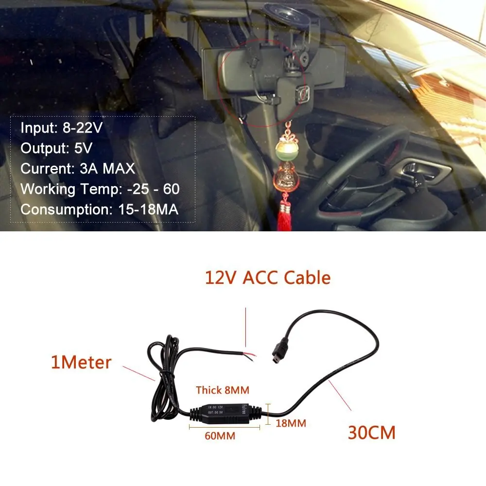 DC 12V to 5V Inverter Converter Micro Mini USB Hard Wired Car Power Charger for GPS Tablet Phone PDA DVR Recorder Camera ( 1M )