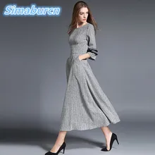 

2017 Autumn Dress High Quality Striped Vintage Women Dress O-neck 3/4 Sleeve Long Robe Female Dresses Elegant Evening Party