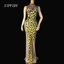 Модное Сетчатое платье с леопардовым узором, длинное платье без рукавов, женские вечерние платья для ночного клуба, женская одежда для сцены