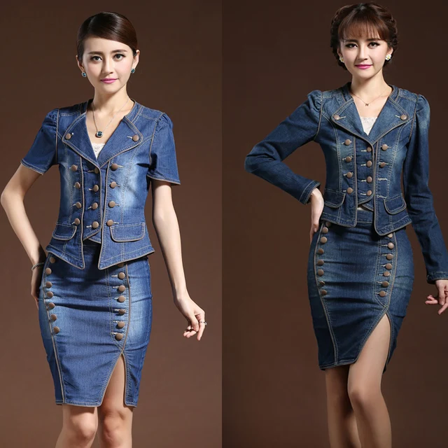 Spring Summer Women 2 Piece Set Suit Dress Denim Jeans Jacket+ Skirt